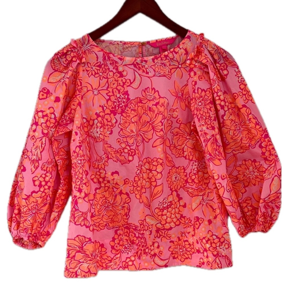 Lilly Pulitzer Pink & Orange Floral Puff-Sleeve Blouse
